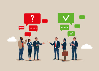 Communication, chat bot, survey. Discussion, conversation, meeting, team communication, colleague chatting, opinion. Flat vector illustration. 