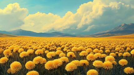 Fototapeta premium Dandelion field yellow spring. Generative AI