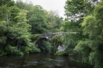 Fototapeta premium Medieval bridge of San Alberte and the Parga river in Guitiriz. Camino de Santiago. Xacobeo