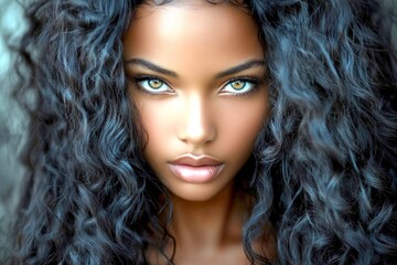 Fototapeta premium Commercial promotion artwork idea. Long trim - curly hair. Attractive calm black girl - for ads, poster and social networks marketing use. Black hair model. African hair glamour. Black beaut.