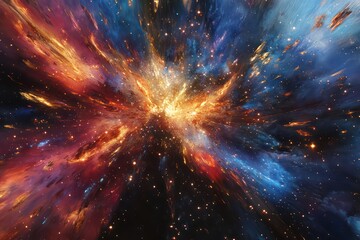 A breathtaking night sky filled with vibrant fireworks of red, blue, and gold exploding in unison.