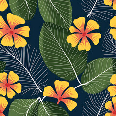 Seamless Tropical Floral Pattern with Yellow Hibiscus on Navy Blue Background