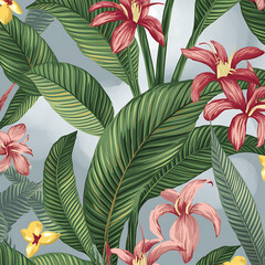 Tropical Leaf and Flower Illustration - Botanical Jungle Pattern with Lush Greenery