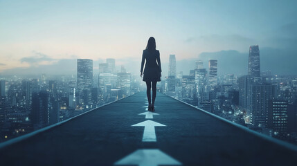 Fototapeta premium Abstract business woman stands on Smart digital Innovation city with connection network reciprocity over the twilight cityscape. of future wireless digital city and social media networking systems