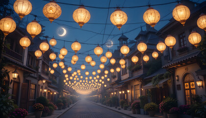 Obraz premium Romantic Night Street Scene with Lanterns and Moon
