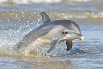 Playful dolphin leaping from ocean waves at a sunny beach, with gentle surf in the background
