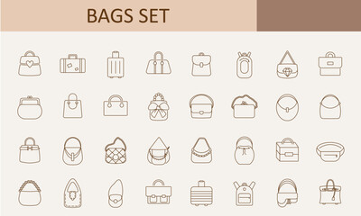 A set of bags of various designs and styles.
a set of bags icons drawn with the pen tool 

