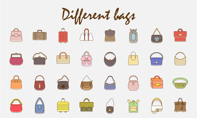 A set of bags of various designs and styles.
a set of bags icons drawn with the pen tool .set of icons in cartoon style.
flat design