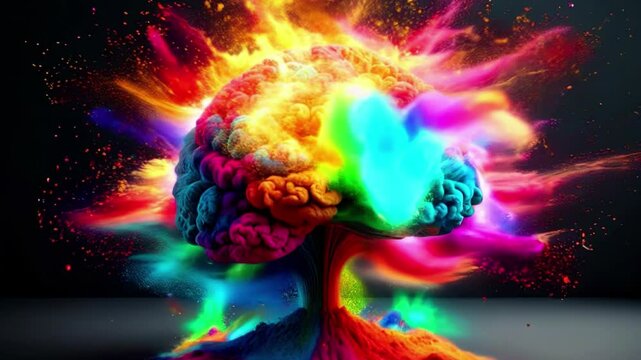Colorful explosions of powder surround a dynamic human brain in a mesmerizing display of 3D animation depicting the power of artificial intelligence. Generative AI