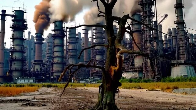 Polluted industrial wasteland with towering furnaces and a lifeless tree amidst desolation. Generative AI