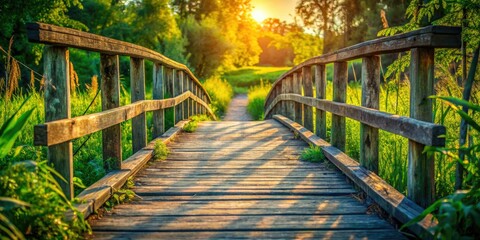 A rustic wooden bridge, vintage railings, spans a countryside pathway, a candid nature scene captured.
