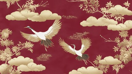 Elegant Gold Cranes Flying Amidst Clouds and Blossoms