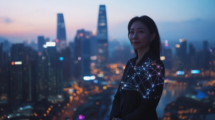 Abstract business woman stands on Smart digital Innovation city with connection network reciprocity over the twilight cityscape. of future wireless digital city and social media networking systems