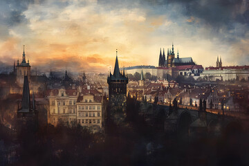 Fototapeta premium A scenic view of Prague at sunset, highlighting its historical architecture and skyline.