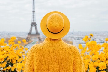 Cheerful woman in a yellow sweater and hat enjoying a scenic view of the Eiffel Tower surrounded by vibrant yellow flowers during autumn