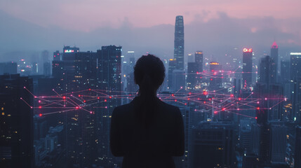 Abstract business woman stands on Smart digital Innovation city with connection network reciprocity over the twilight cityscape. of future wireless digital city and social media networking systems