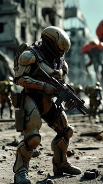 Extraterrestrial warriors clash in a post-apocalyptic landscape, showcasing advanced technology and artificial intelligence in a thrilling invasion narrative. Generative AI