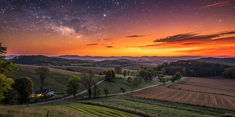 Fototapeta premium Kentucky Sunset: Rural Landscape at Dusk, Golden Hour Farm Scene