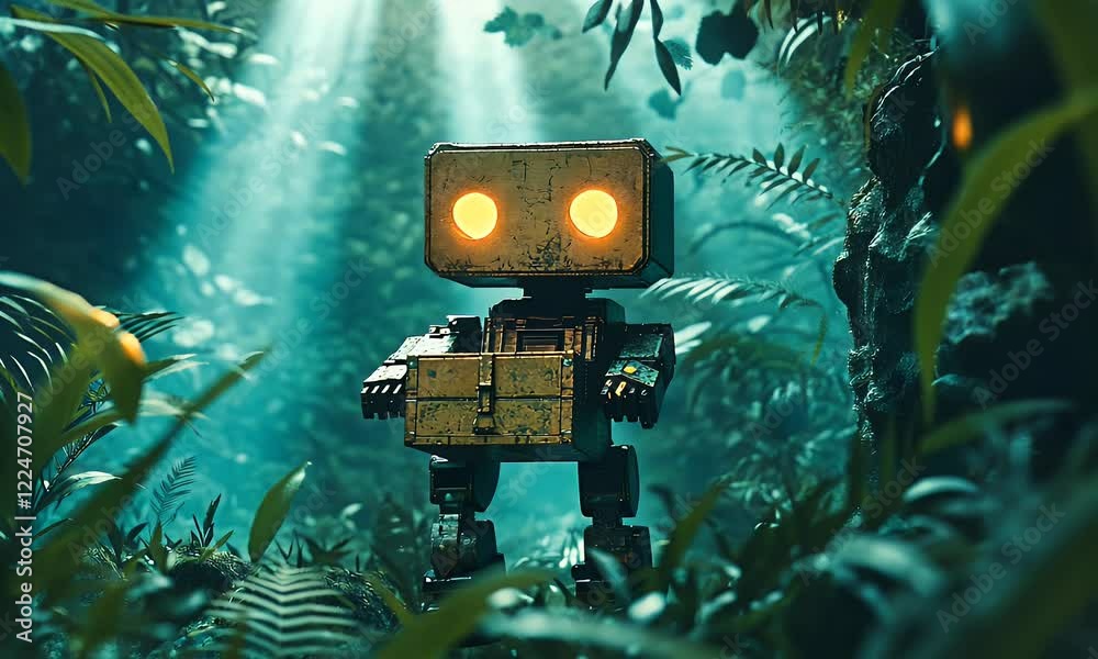 Aufkleber Rusty robot exploring lush jungle; sunlight filters through canopy