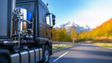 Fototapeta premium Close-up view of a truck on a scenic road surrounded by mountains and autumn foliage