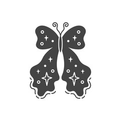 Celestial Butterfly with melting Wings Illustration. Hand drawn vector moth with starry night texture. Black silhouette with stars and dots. Isolated vector illustration