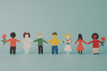 Unity in Diversity: Colorful paper dolls of diverse ethnicities hold hands, forming a line symbolizing unity, tolerance, and global community.