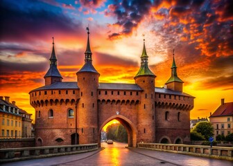 Krakow Barbican Silhouette - Historic Polish Defense Gateway at Sunset