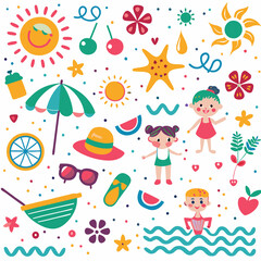 Colorful summer illustration with kids, sun, and beach elements.