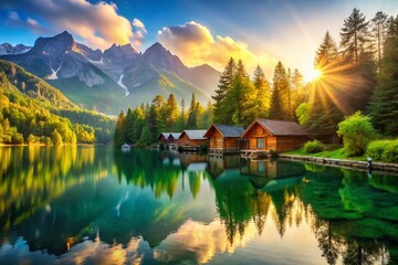 Obraz premium Lakeside Cabin Retreat: Serene Mountain View & Tranquil Nature Escape