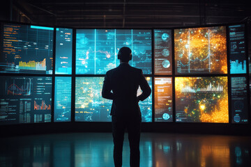 Fototapeta premium Man standing in front of data display, analyzing charts with focused expression.