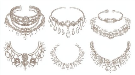 Obraz premium Six elegant necklace designs, sketched in sepia tones.