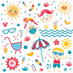 Fototapeta premium Happy kids summer beach fun cartoon illustration.