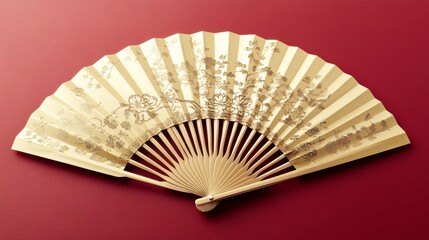 Elegant Gold Floral Hand Fan on Red Background