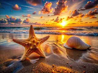 Coastal perfection: Seashells and starfish on sun-kissed sand, a stunning beach product photo.
