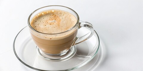 Obraz premium Latte in Glass Mug on Glass Plate - Isolated White Background Stock Photo
