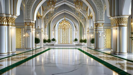 Luxurious hall features detailed architecture, ornate decorations, and a striking floor design that captivates the eye