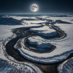 A vast white valley with a winding river glimmering under a full moon.