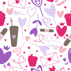 Vector doodle Valentines day, love season pastel seamless pattern with heart shape elements, eco coffee or tea cup, balloon, sparkler, asteroid, cupcake or muffin, patch, lollypop, crown, letter.
