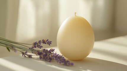 Decorative candle shaped like an Easter egg next to lavender flowers indoors