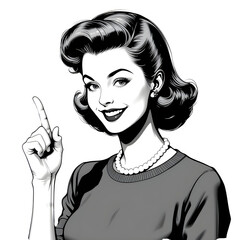 Black and White Sketch of a Cheerful 1950s Housewife, Isolated on White