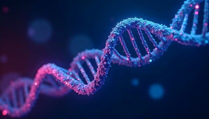 A visually stunning 3D render of a DNA double helix structure with textured surfaces and vibrant pink and blue lighting against a dark background