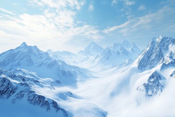 Obraz premium Serene winter landscape: snow-covered mountains under a bright sky.