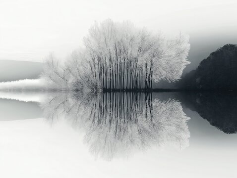 This artwork blends symmetry found in nature with the harmony of soft mist to create a surreal and emotional atmosphere.