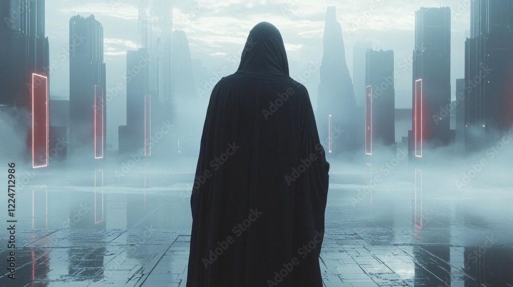 Aufkleber a hooded figure stands before a landscape of towering, illuminated structures, enveloped in swirling