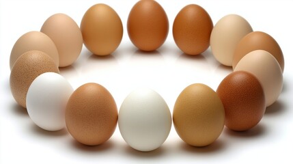 Different types of eggs arranged in a circular pattern on a table
