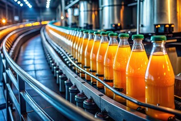 Fototapeta premium Dimly lit factory; close-up of an orange juice bottling line moving slowly on a conveyor.