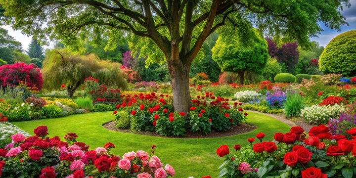 A lush garden with a majestic backdrop of a tall tree