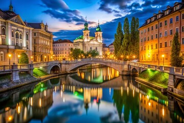 Fototapeta premium Ljubljana Triple Bridge Night Long Exposure Photography, Slovenian Capital Cityscape