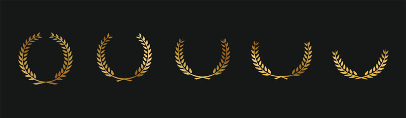 Laurel wreath icon set. Сollection of gold circular foliate laurels branches. Vintage laurel wreaths. gold circular laurel foliate, wheat and oak wreaths depicting an award, achievement.