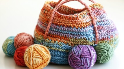 Fototapeta premium Artistic arrangement of colorful yarn balls and a partially crocheted bag on a white background.